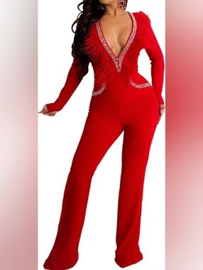 Red Feather-Trim Deep V Jumpsuit